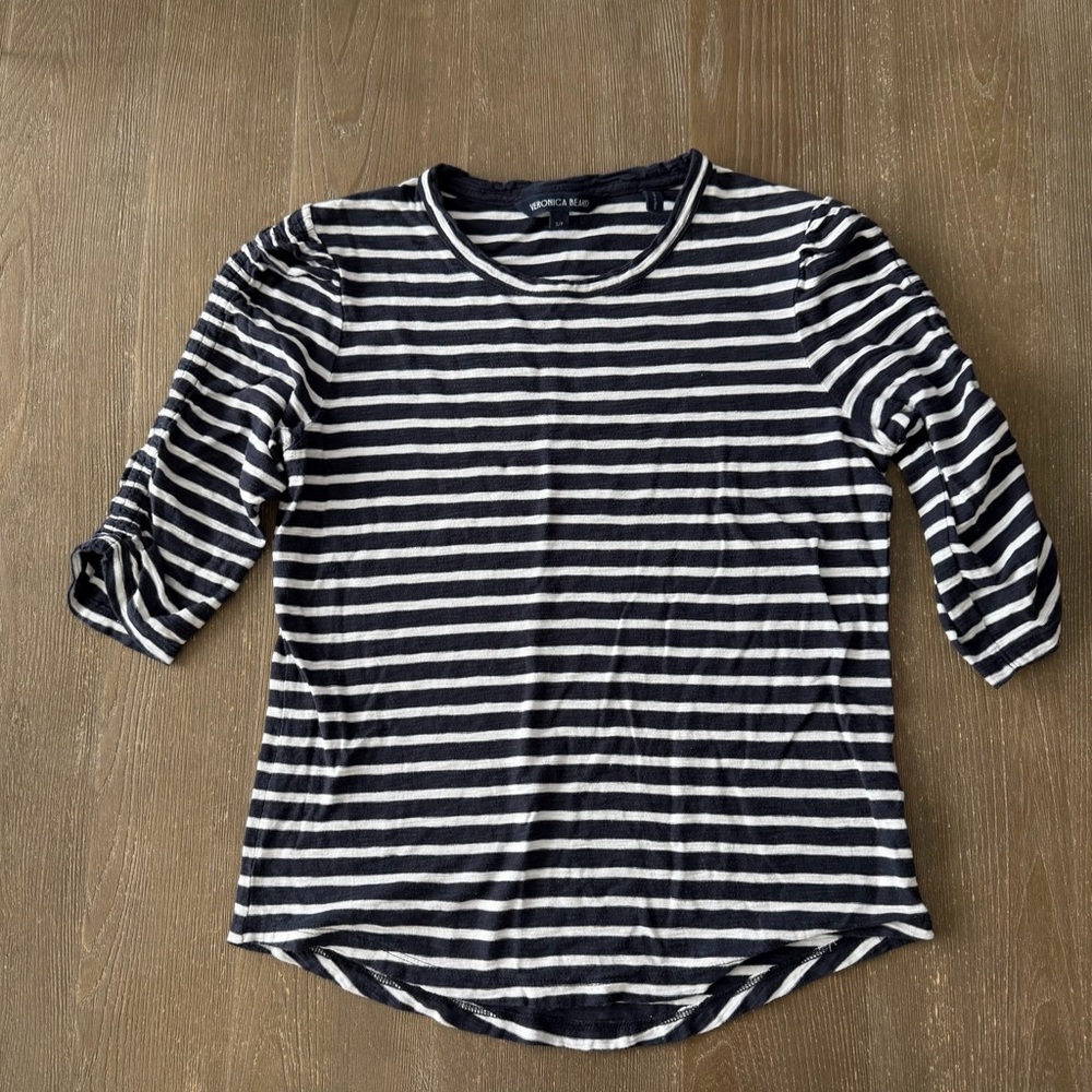 Veronica Beard Waldorf Ruched Sleeve Tee - S Navy/White Stripe Pima Cotton